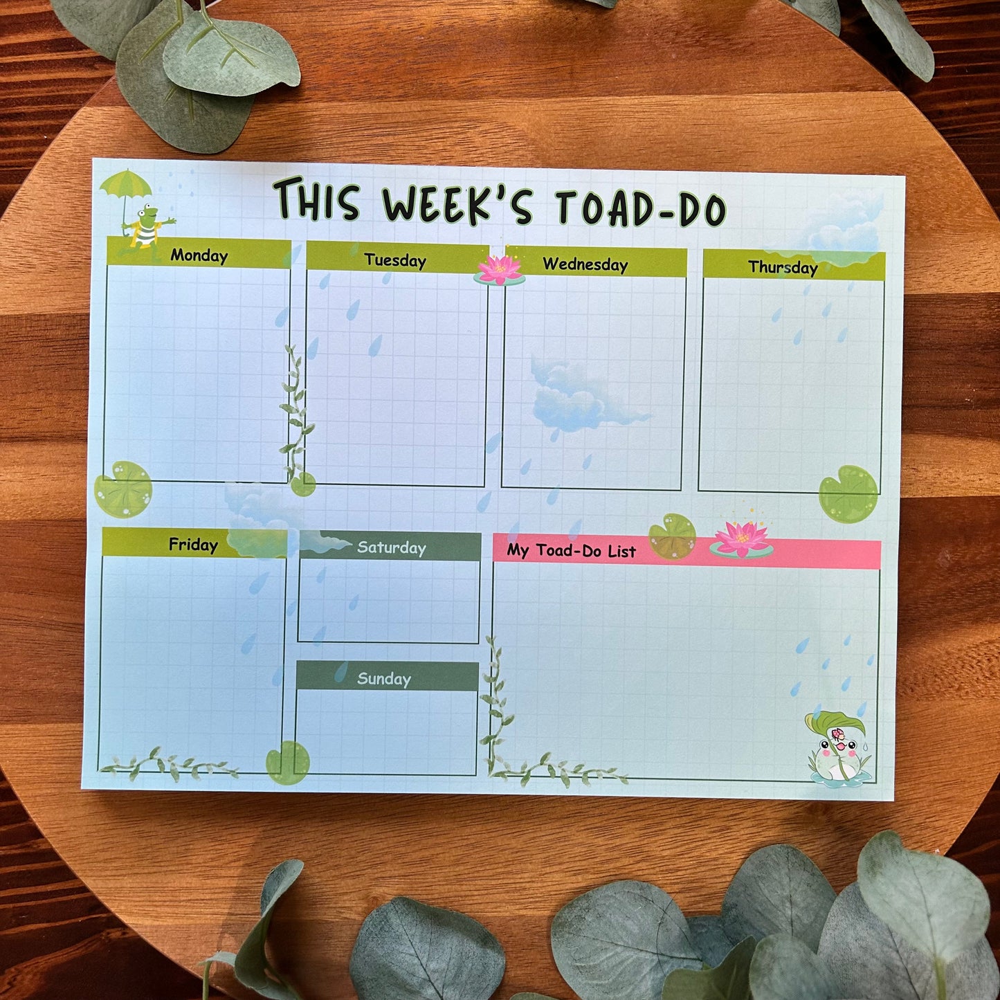 Toad Do Weekly Planner, Rain Drops Planner, Desk Weekly Planner, To Do List Planner, Weekly List Desk Planner, Cute Frog Design Planner,