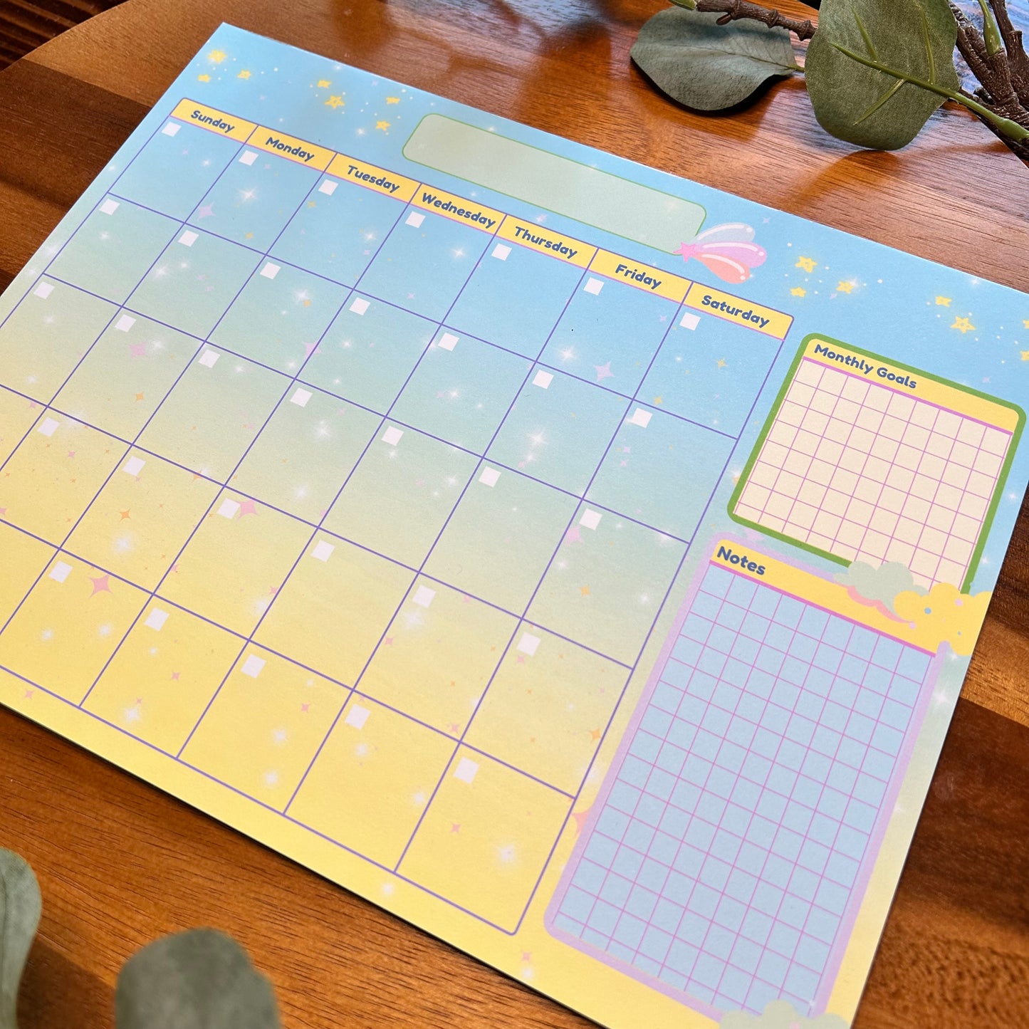 Undated Calendar, Whimsical Calendar, Dreamy Calendar, Cute Monthly Calendar, Desk Calendar, Yellow Sky Calendar, Clouds and Stars Calendar