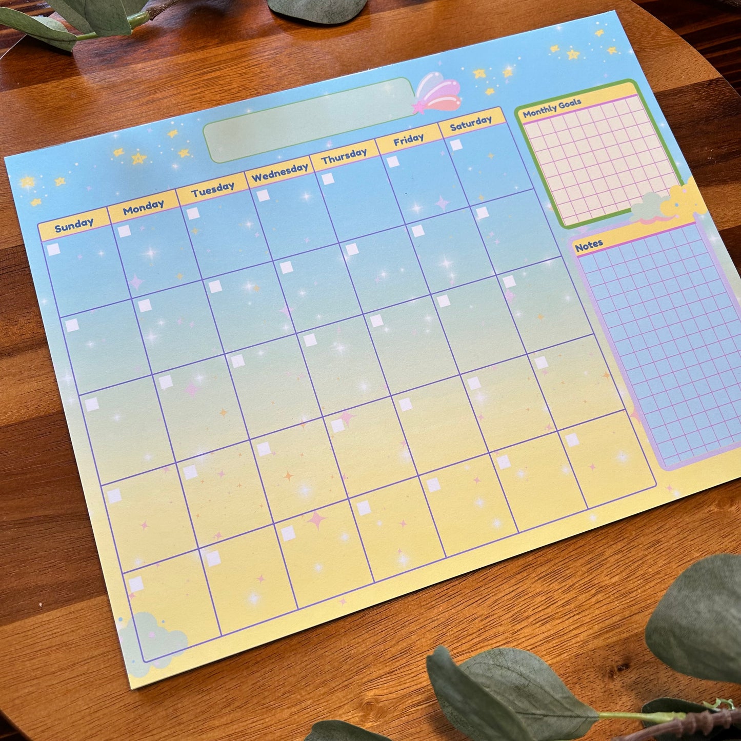 Undated Calendar, Whimsical Calendar, Dreamy Calendar, Cute Monthly Calendar, Desk Calendar, Yellow Sky Calendar, Clouds and Stars Calendar