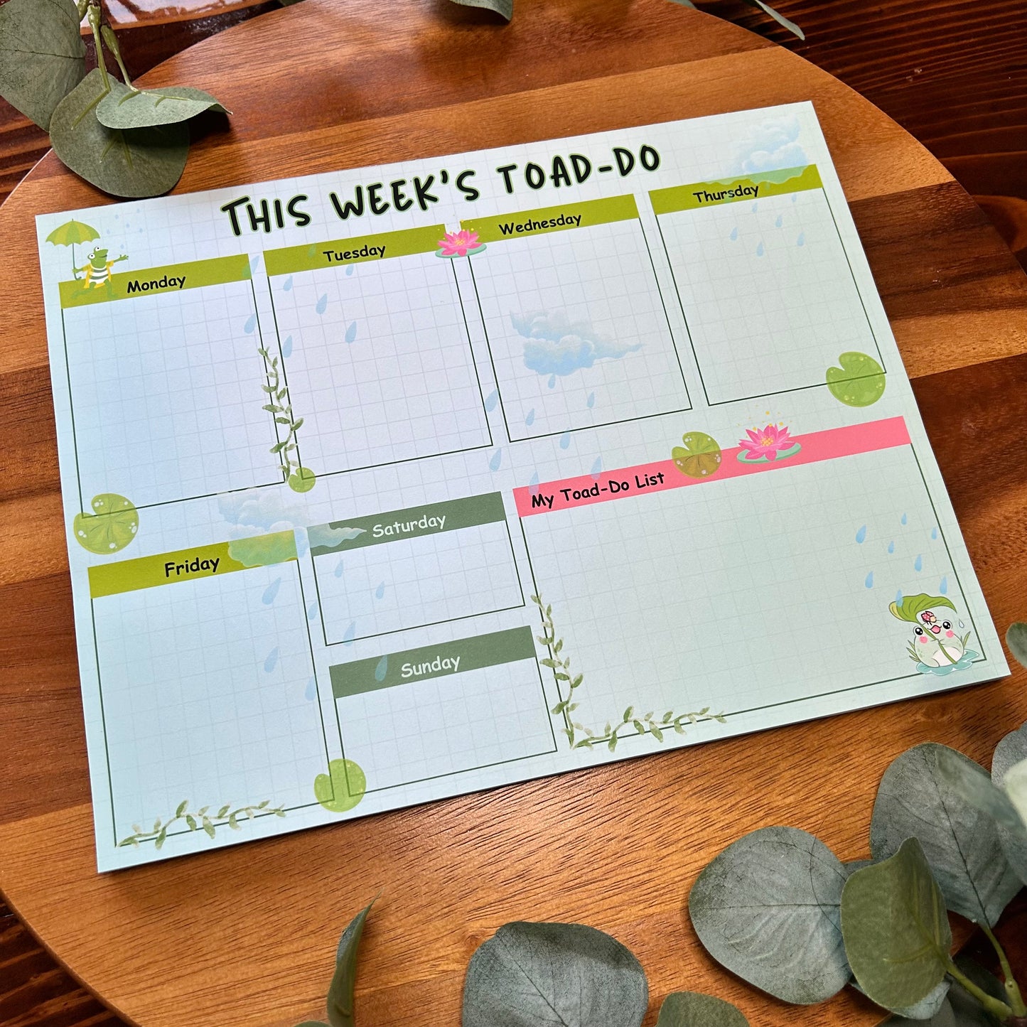 Toad Do Weekly Planner, Rain Drops Planner, Desk Weekly Planner, To Do List Planner, Weekly List Desk Planner, Cute Frog Design Planner,