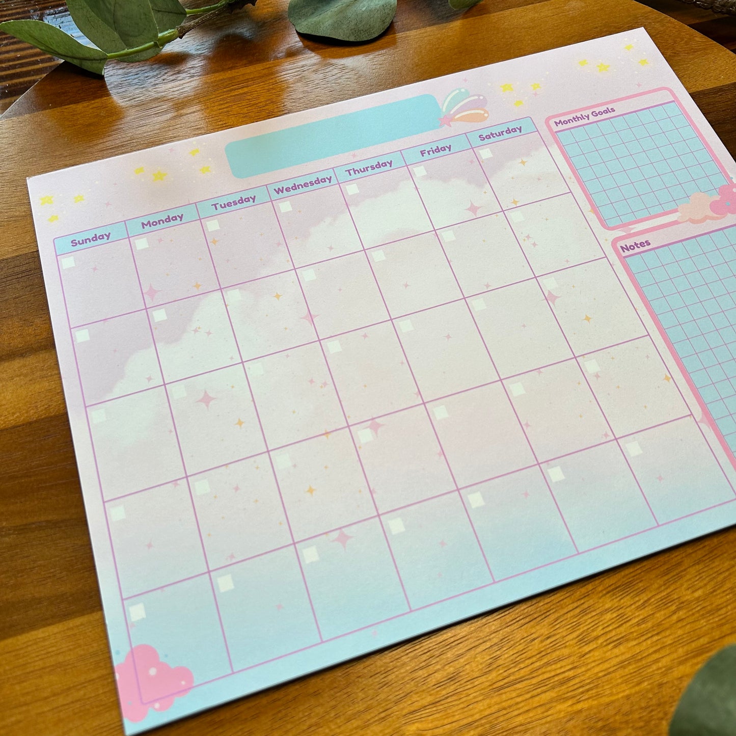 Undated Monthly Calendar, Cute Dreamy Calendar, Desk Calendar, Cotton Candy Blue Calendar, Home Office Calendar, Office Calendar, Clouds