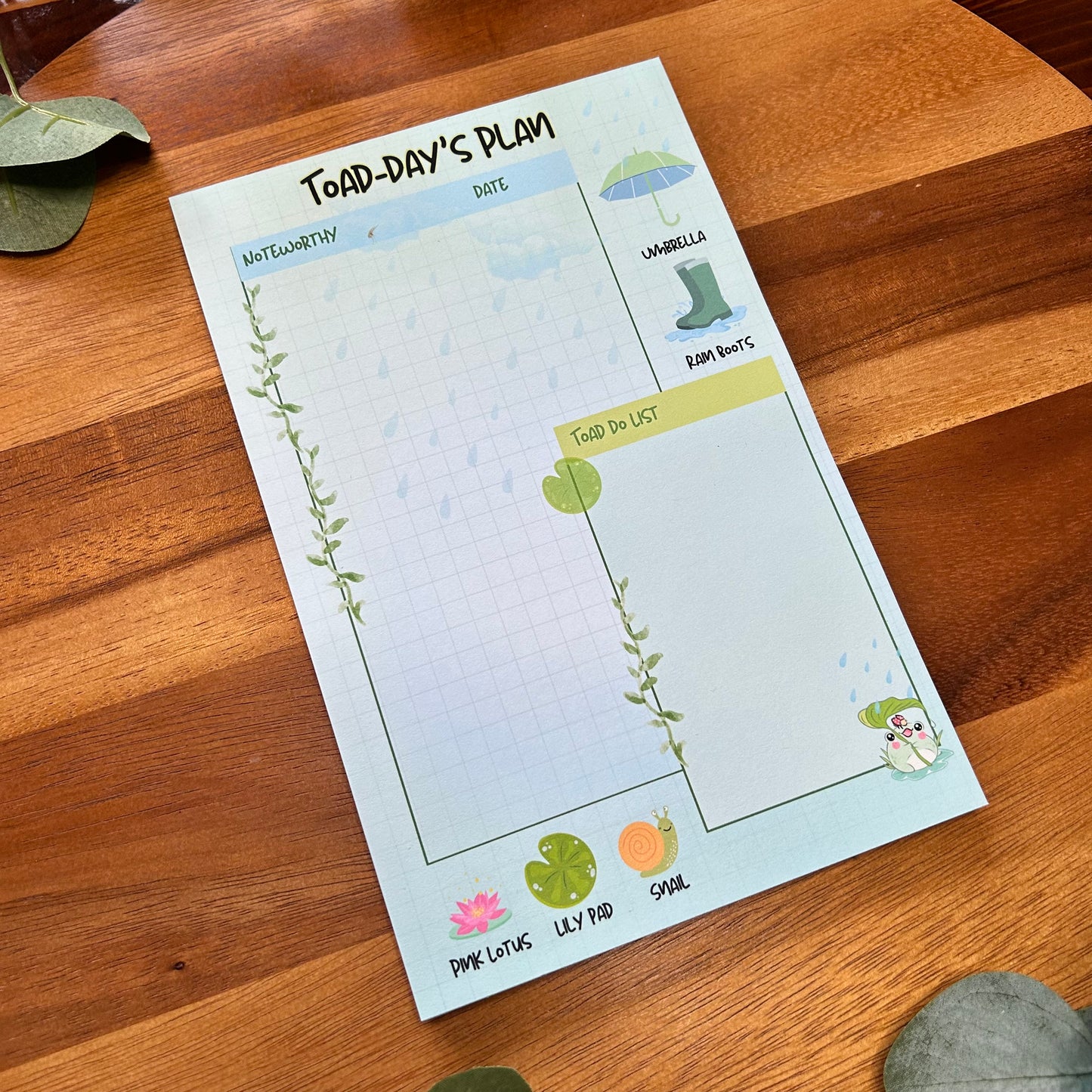 Toad Do Daily Planner, Rain Drops Daily Planner, Desk Planner, To Do List Planner, Daily Toad Do List Desk Planner, Cute Frog Design Planner