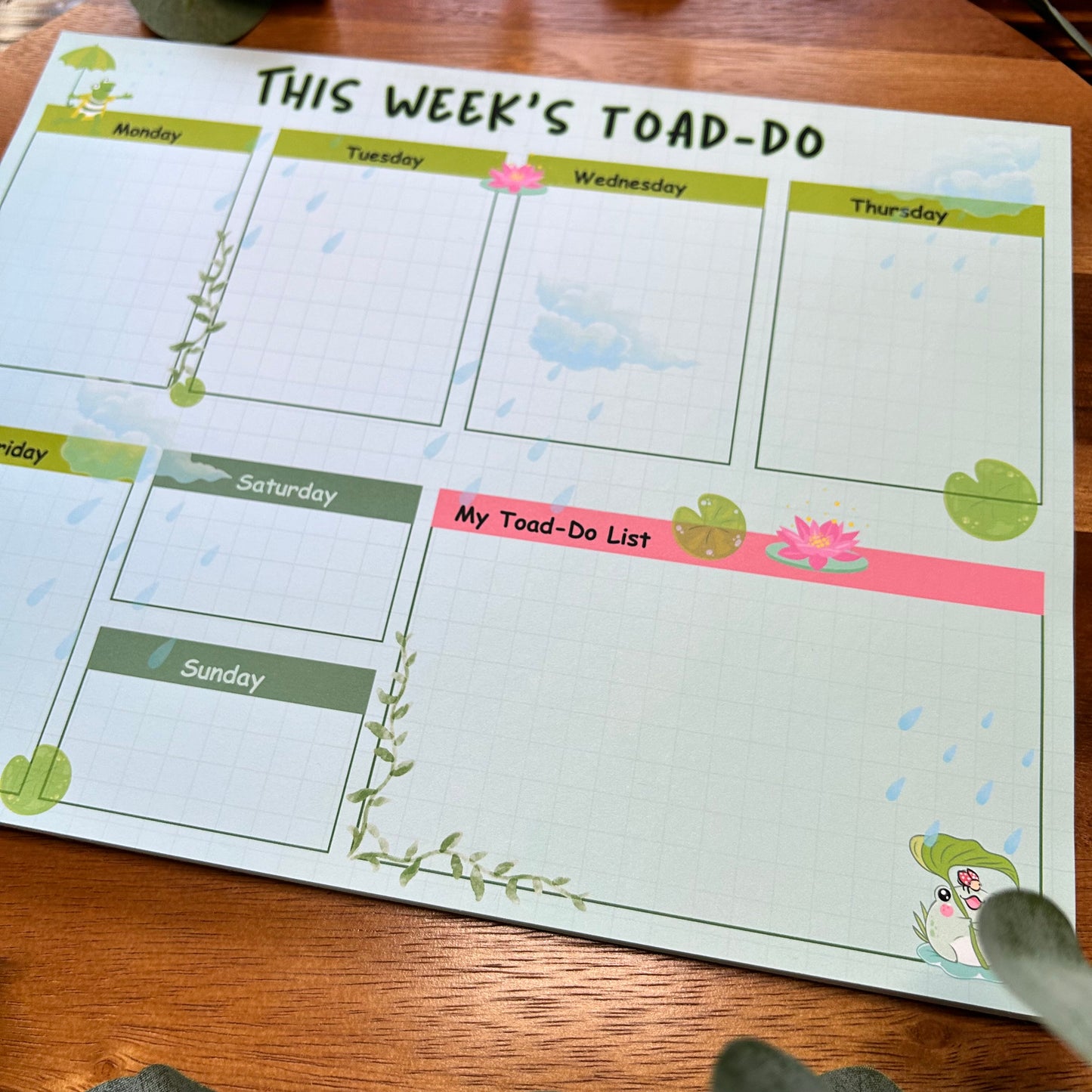 Toad Do Weekly Planner, Rain Drops Planner, Desk Weekly Planner, To Do List Planner, Weekly List Desk Planner, Cute Frog Design Planner,