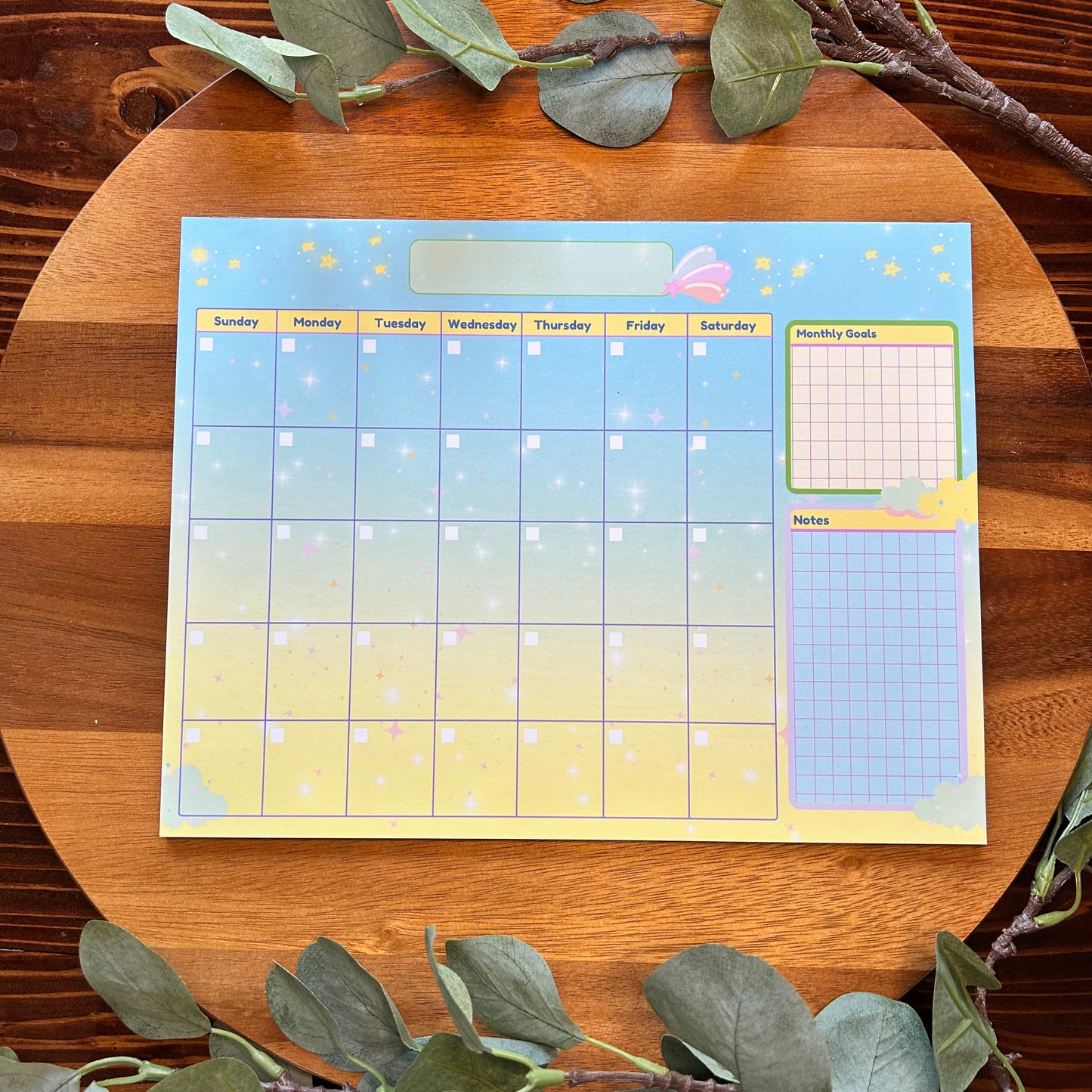 Undated Calendar, Whimsical Calendar, Dreamy Calendar, Cute Monthly Calendar, Desk Calendar, Yellow Sky Calendar, Clouds and Stars Calendar