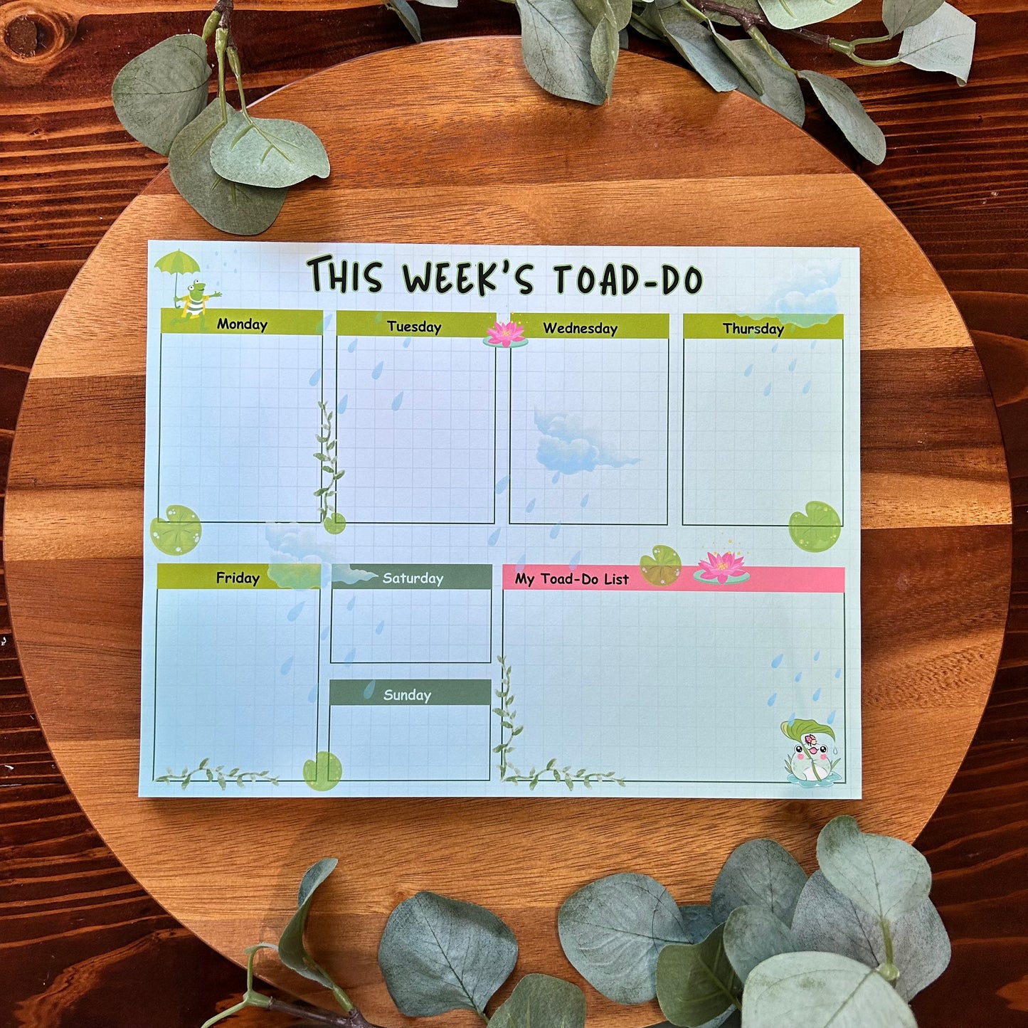 Toad Do Weekly Planner, Rain Drops Planner, Desk Weekly Planner, To Do List Planner, Weekly List Desk Planner, Cute Frog Design Planner,