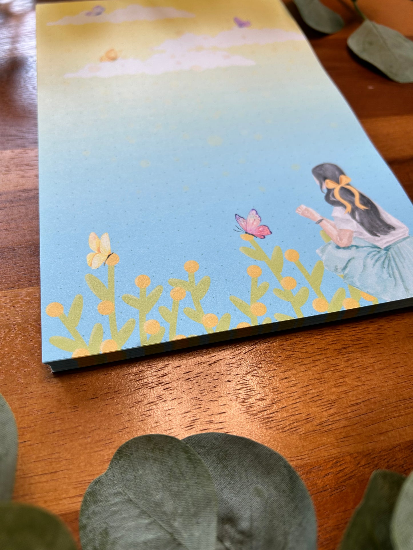 Yellow Flower Notepad, Watercolor Background Notepad, Girl with Bow Notepad, Yellow Sunset notepad, Cute Notepad, Butterfly notepad