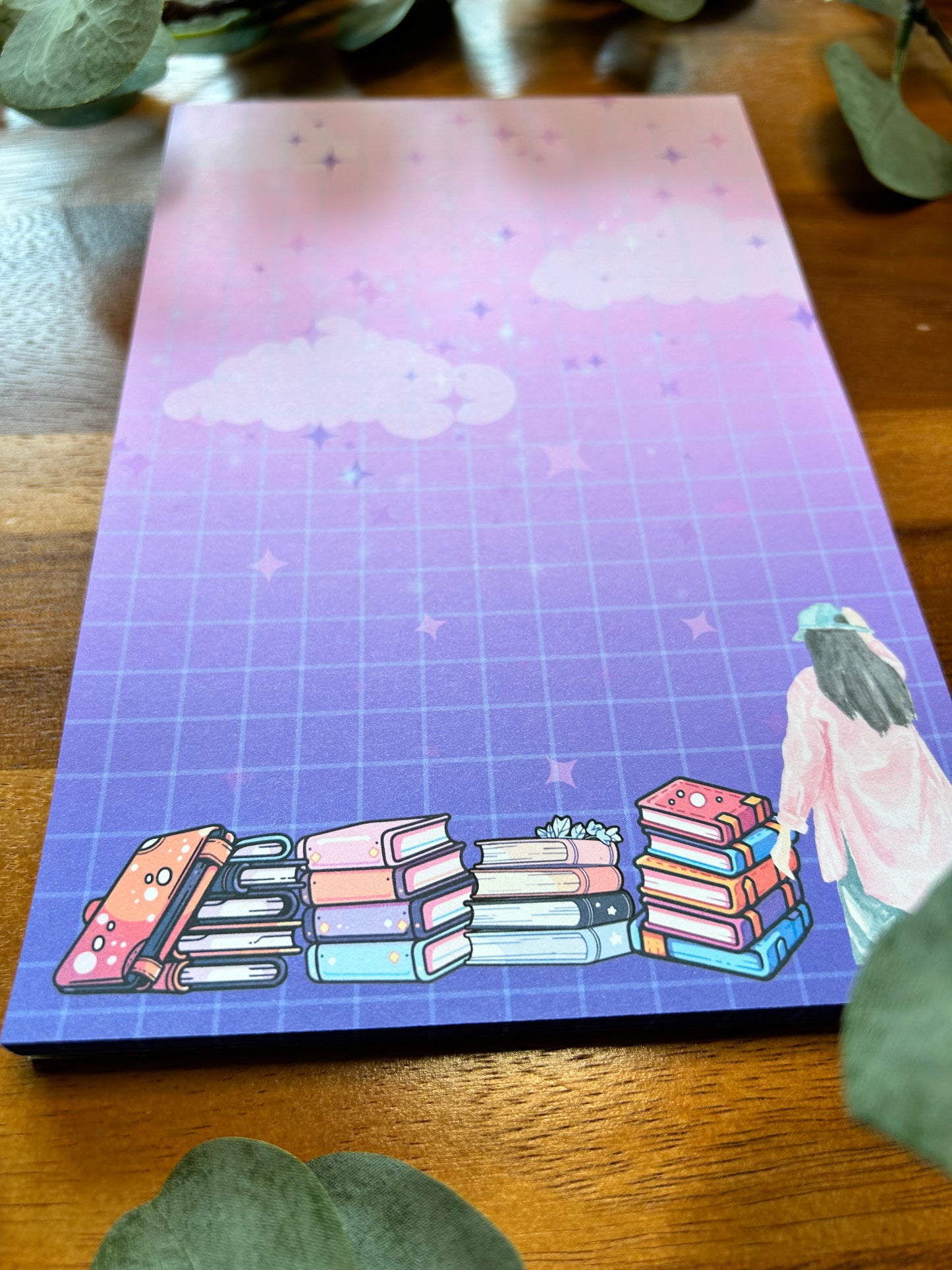 Girl with Books Notepad, Gradient Notepad, Cute Notepad, Pink Sunset Notepad, Purple Sunset Notepad, Kawaii Notepad, Book Lover Notepad