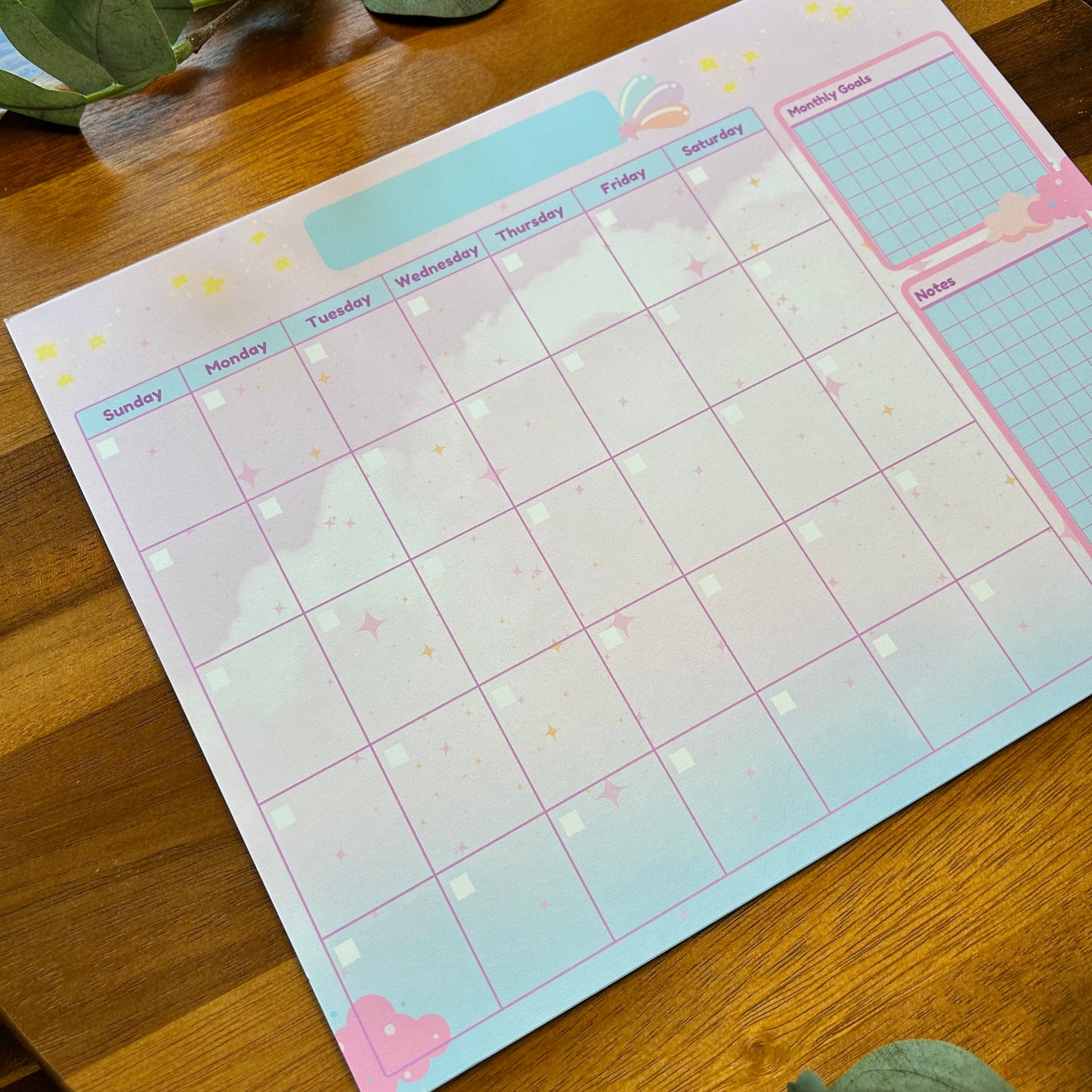 Undated Monthly Calendar, Cute Dreamy Calendar, Desk Calendar, Cotton Candy Blue Calendar, Home Office Calendar, Office Calendar, Clouds