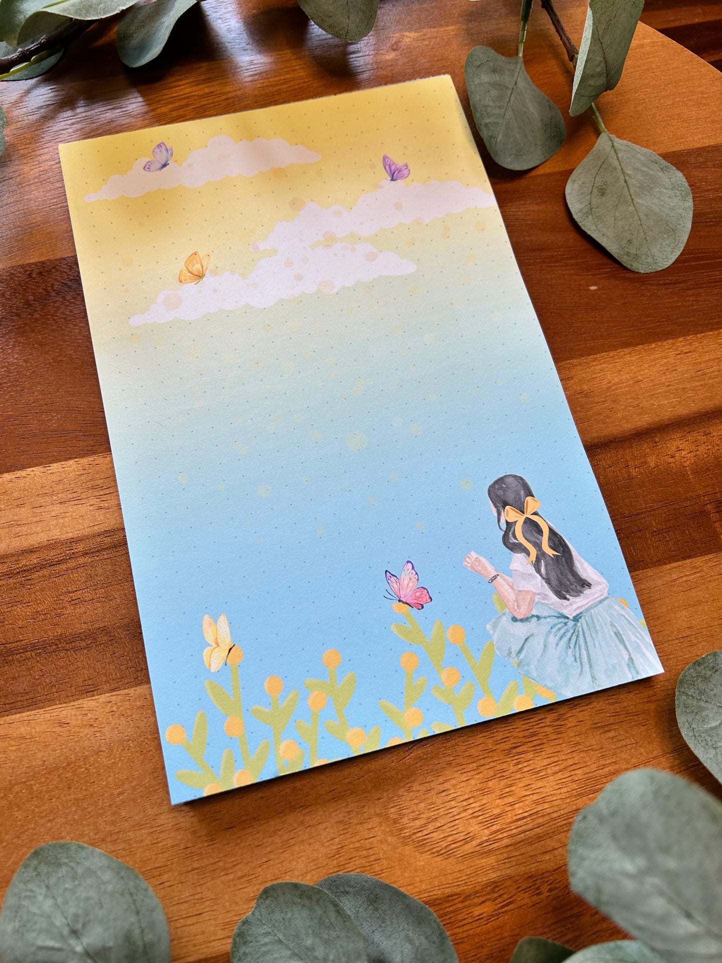 Yellow Flower Notepad, Watercolor Background Notepad, Girl with Bow Notepad, Yellow Sunset notepad, Cute Notepad, Butterfly notepad