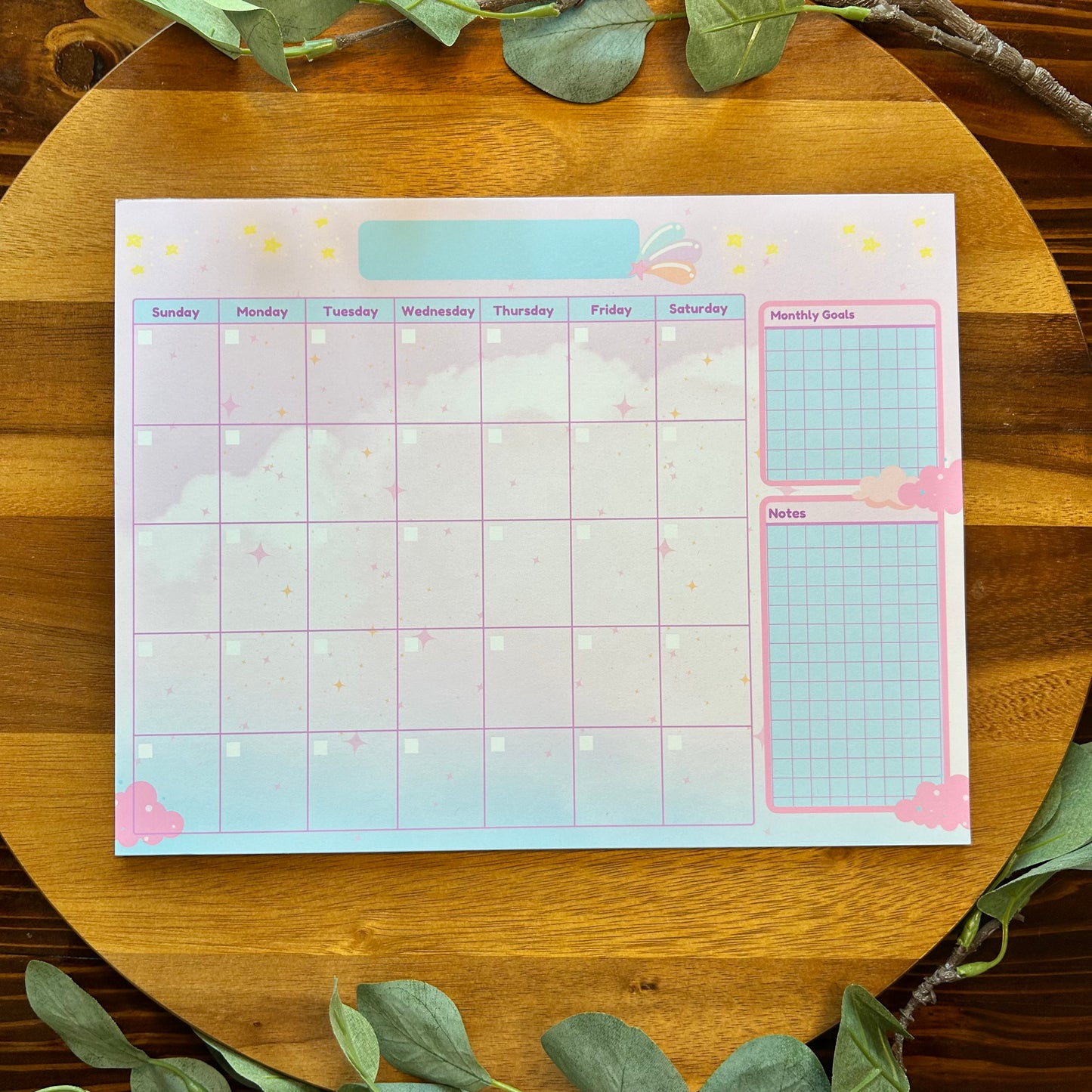 Undated Monthly Calendar, Cute Dreamy Calendar, Desk Calendar, Cotton Candy Blue Calendar, Home Office Calendar, Office Calendar, Clouds