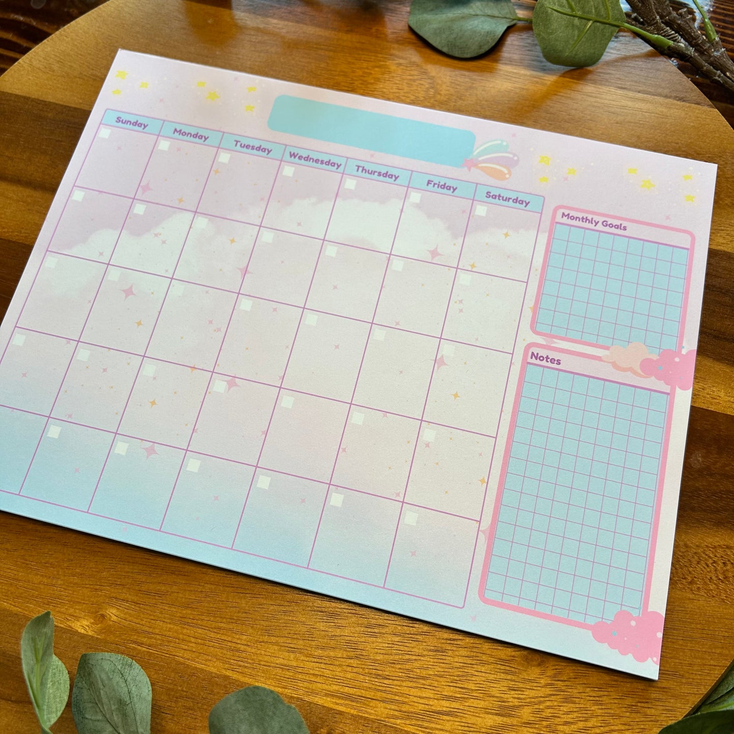 Undated Monthly Calendar, Cute Dreamy Calendar, Desk Calendar, Cotton Candy Blue Calendar, Home Office Calendar, Office Calendar, Clouds